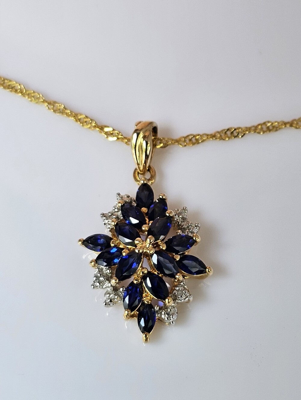 Genuine Blue Sapphire & Diamond Necklace & Ring Yellow Gold Vermeil 18" Size 6